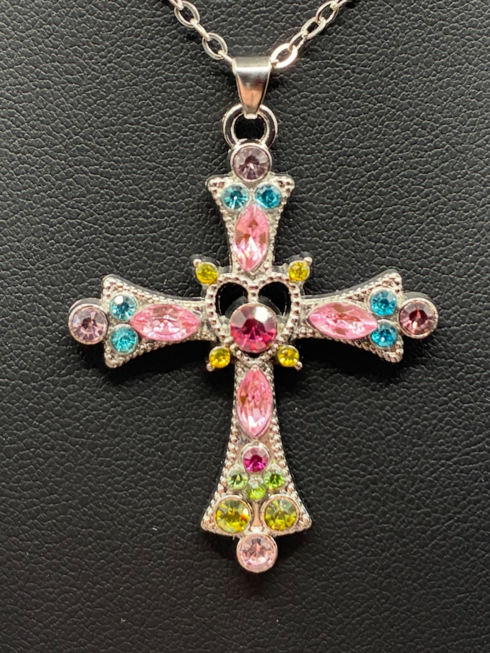 Multi-Color Crystal Cross Pendant Necklace - Pink Accent